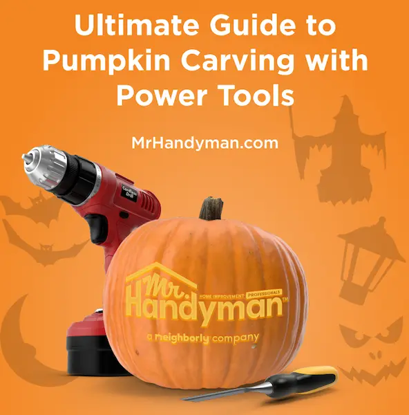 A photo of a pumpkin and power tools with text that reads Ultimate Guide to Pumpkin Carving with Power Tools.