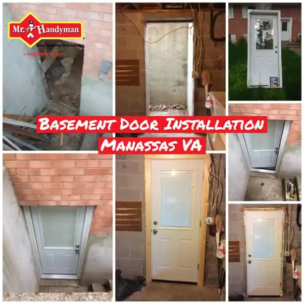 A basement doorway before and after a new door has been installed by Mr. Handyman.