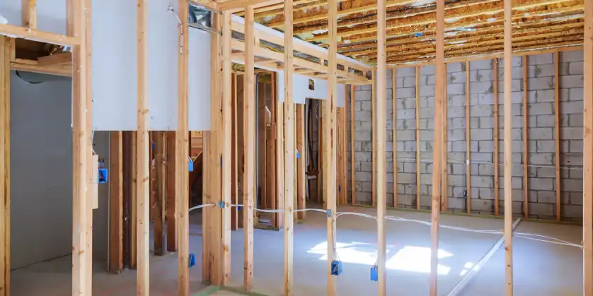 A basement with exposed framing for new walls and doorways while a basement remodel is in the process of being completed.