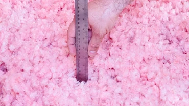 Homeowner using a ruler to measure the level of loose-fill spray-in attic insulation in their home