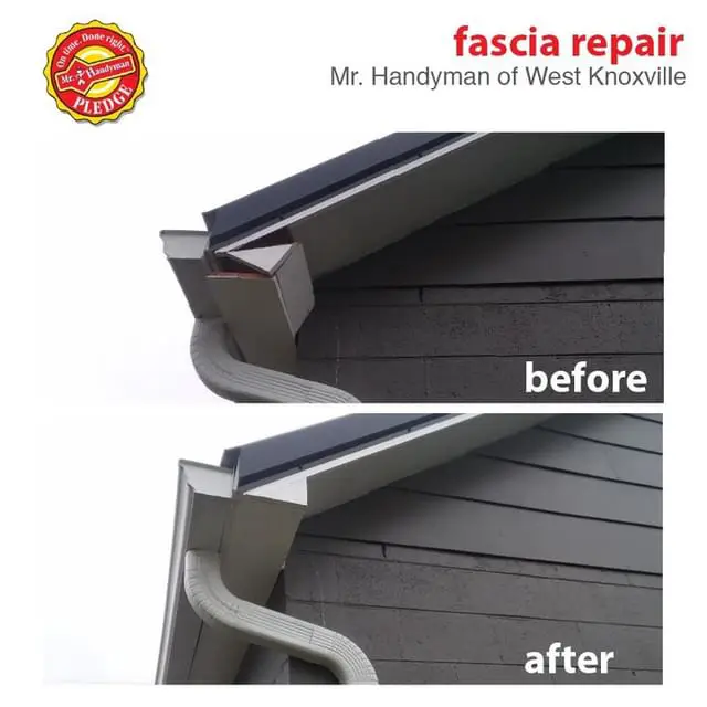 A broken fascia board at the corner of a residential roof before and after it has been repaired by Mr. Handyman.