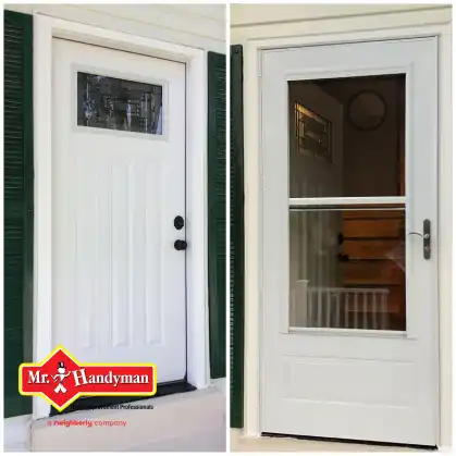 The front door of a home before and after a storm door has been installed by Mr. Handyman.