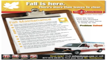 Brown clipboard showing white paper that reads Fall Maintenance with tasks listed below; a Mr. Handyman van in the corner.