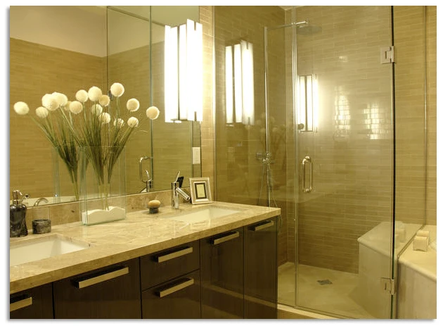 traditional bathroom with glass and mirrors