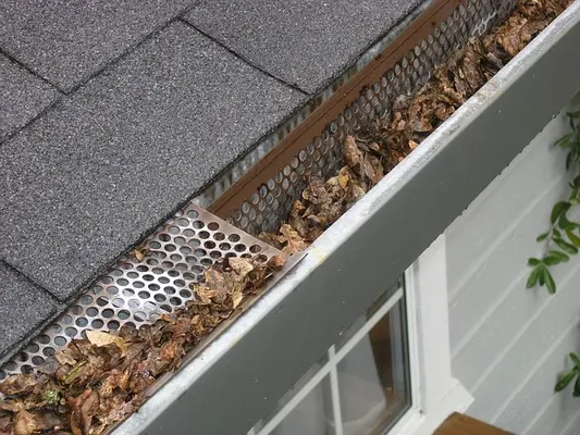 The edge of a roof is in frame. The roof is black and the gutters are metal with a metal grate on top covered in leaves. The grate has fallen into the gutter on one side.
