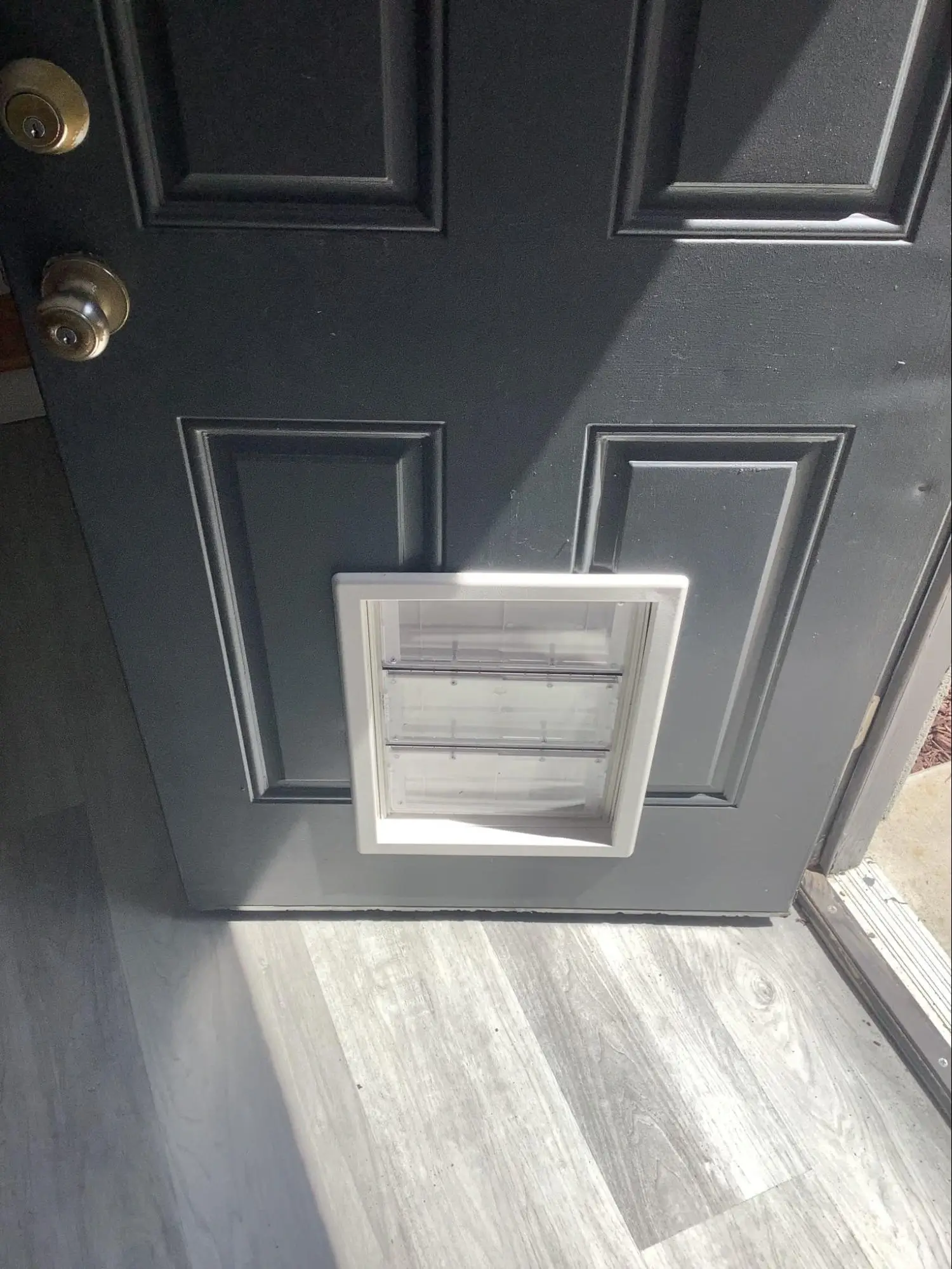 A client testimonial image of a pet door installed in the middle of a black door.