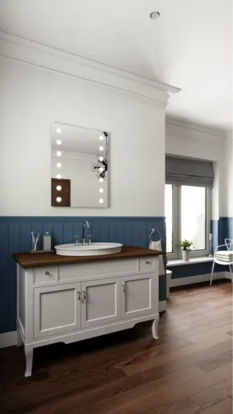 A  bathroom with dark blue walls and wooden floors.