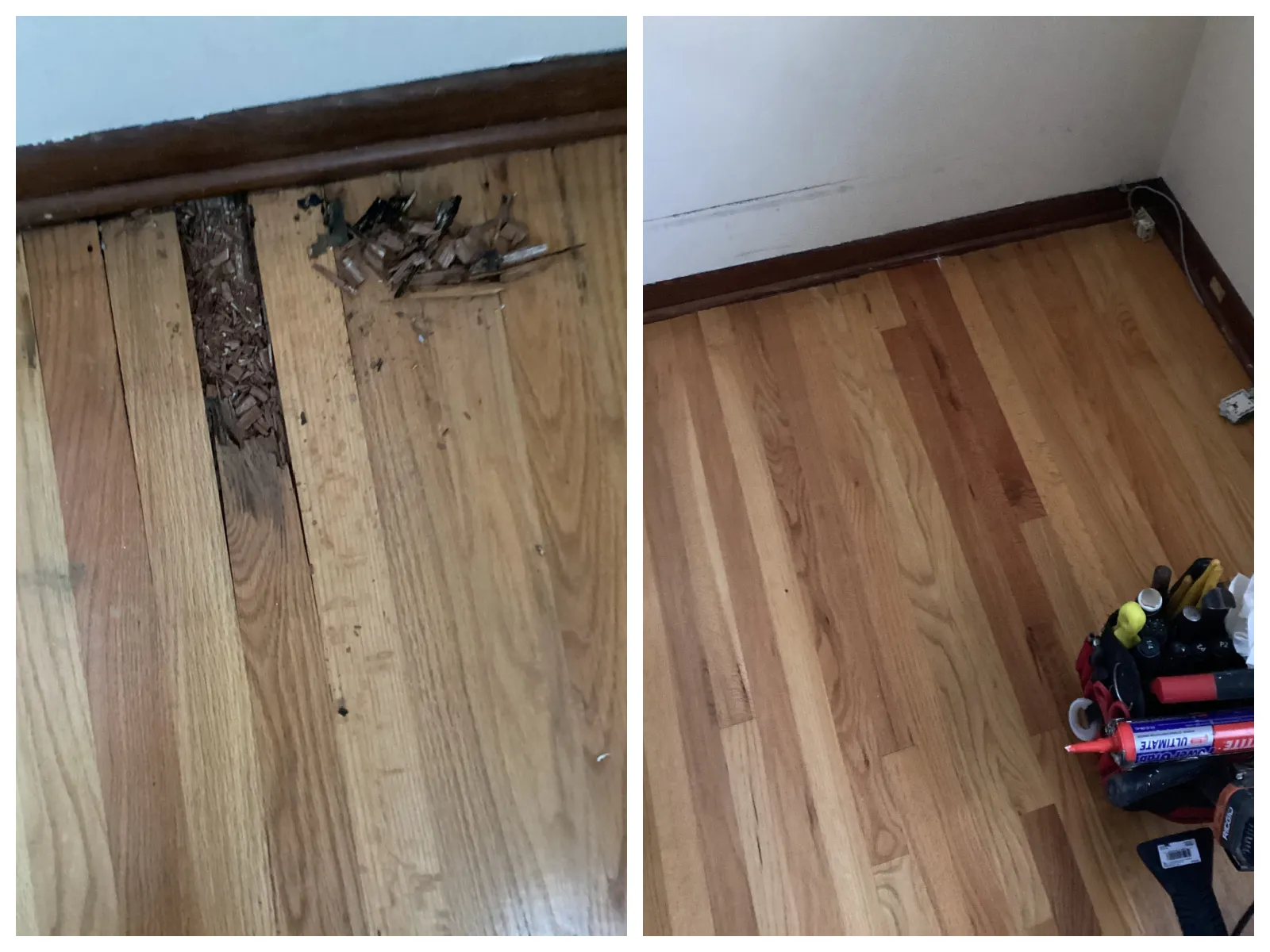 ‘Before’ image shows damaged floor boards suffering from wood rot, discoloration and surface damage. ‘After’ image displays a brand-new floor replacement in Wheaton, IL.