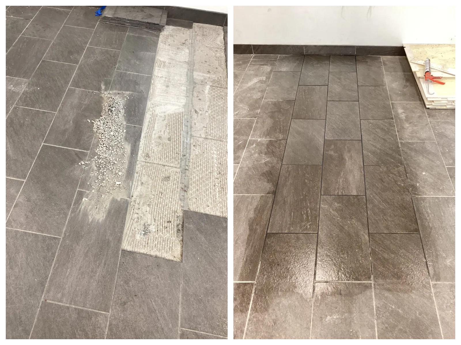Damage tile sheets have been removed and replaced with matching ones during floor repair in Wheaton, TL