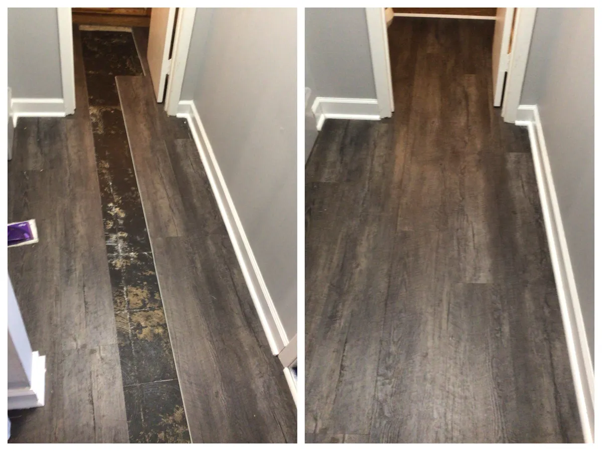 A line of vinyl planks have been carefully removed during flooring repair in Wheaton, IL, and replaced with brand-new vinyl planks by Mr. Handyman