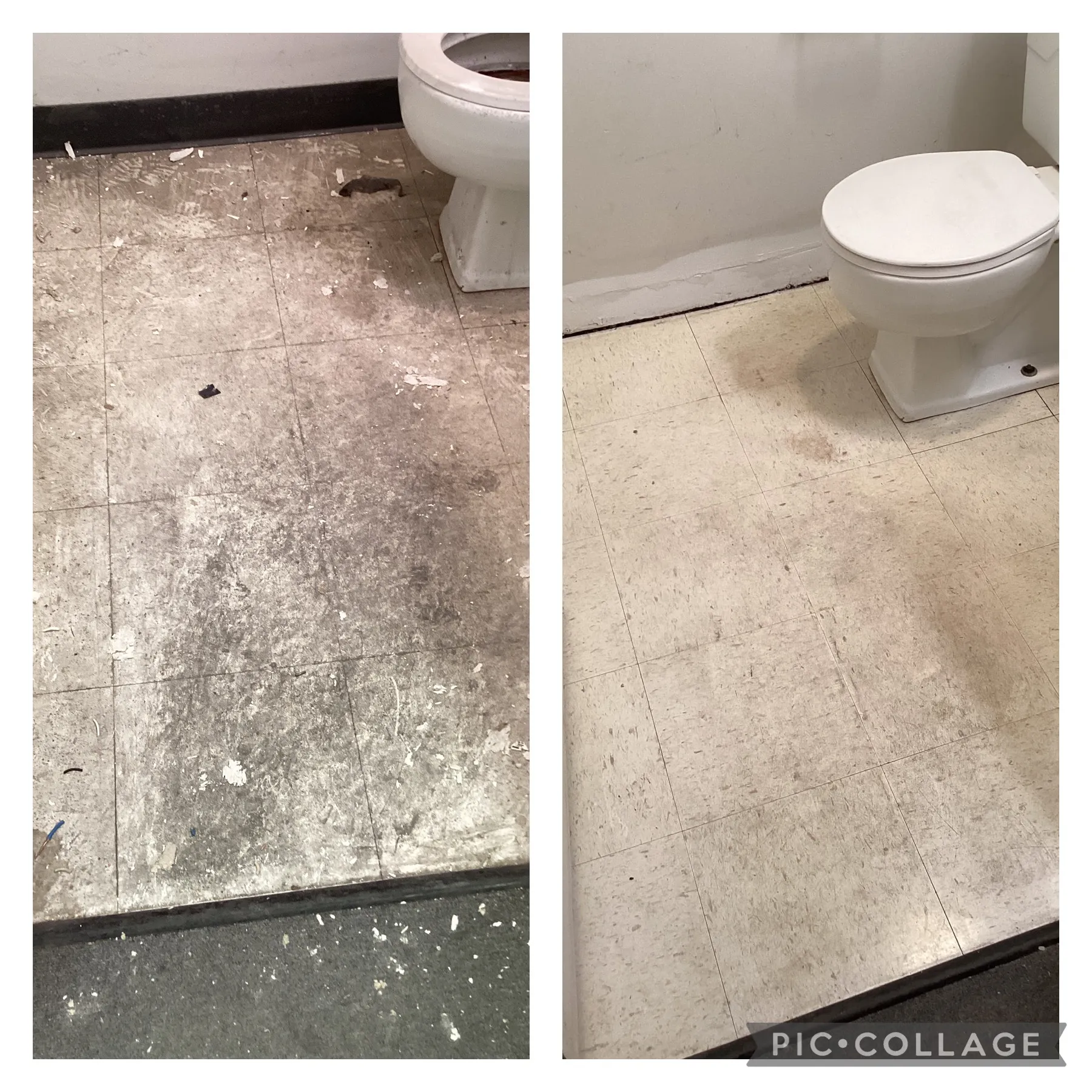 Before and after flooring installation in the bathroom of Wheaton home by Mr. Handyman.