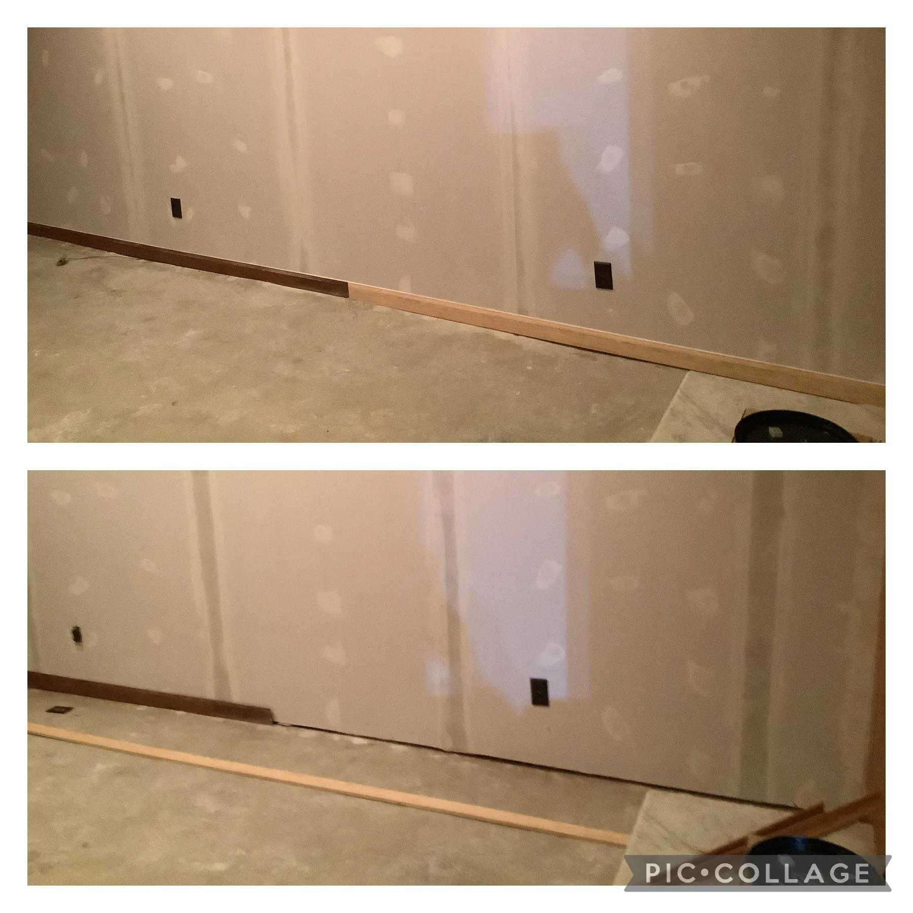 Baseboard before and after replacement by Mr. Handyman of Wheaton-Hinsdale.