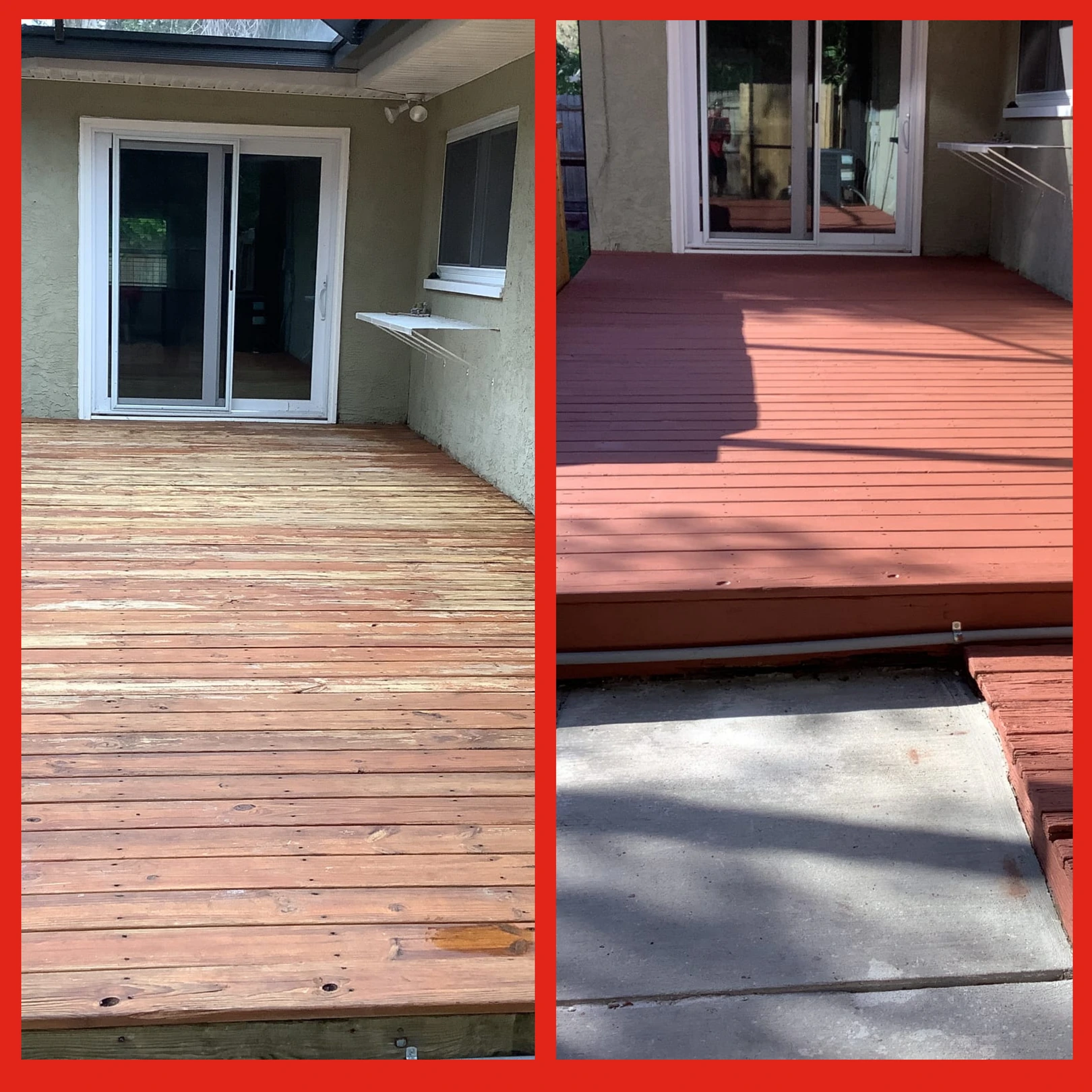 A worn, weathered deck and the final results of the deck repair and refinishing completed by Mr. Handyman.