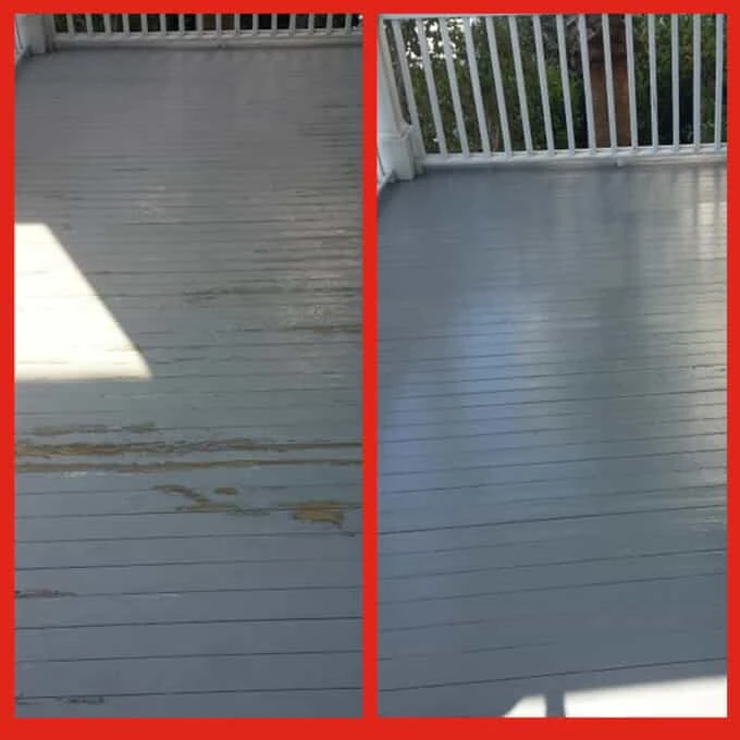 An outdoor deck before and after it has been refinished and repaired by Mr. Handyman.