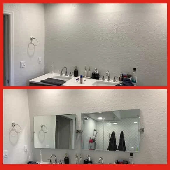 The wall above a double-sink bathroom vanity before and after mirrors have been installed by Mr. Handyman.