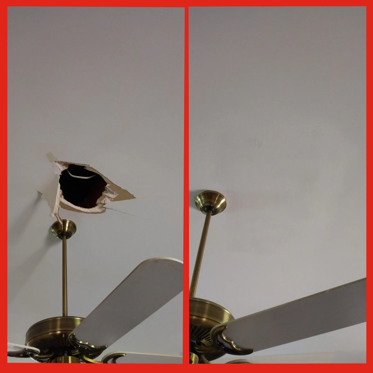 A section of a residential ceiling above a ceiling fan with a hole, and the final results of the repairs for that ceiling hole completed by Mr. Handyman.