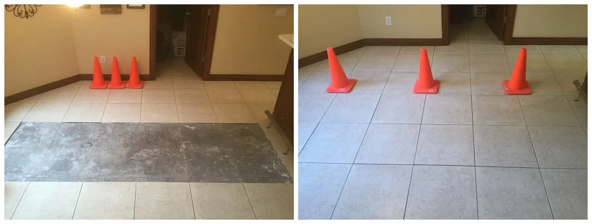 A tile floor before and after missing tiles have been replaced by a Sachse handyman.