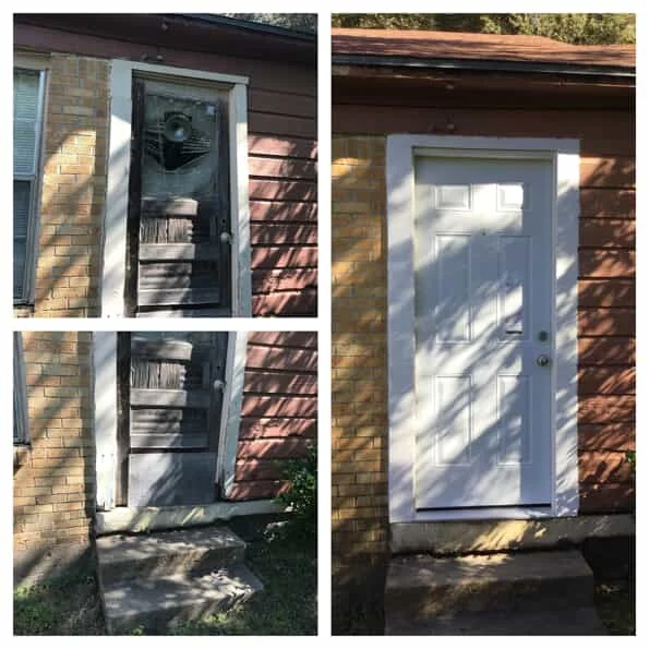The front door of a home before and after it has been replaced by a handyman in Richardson, TX.