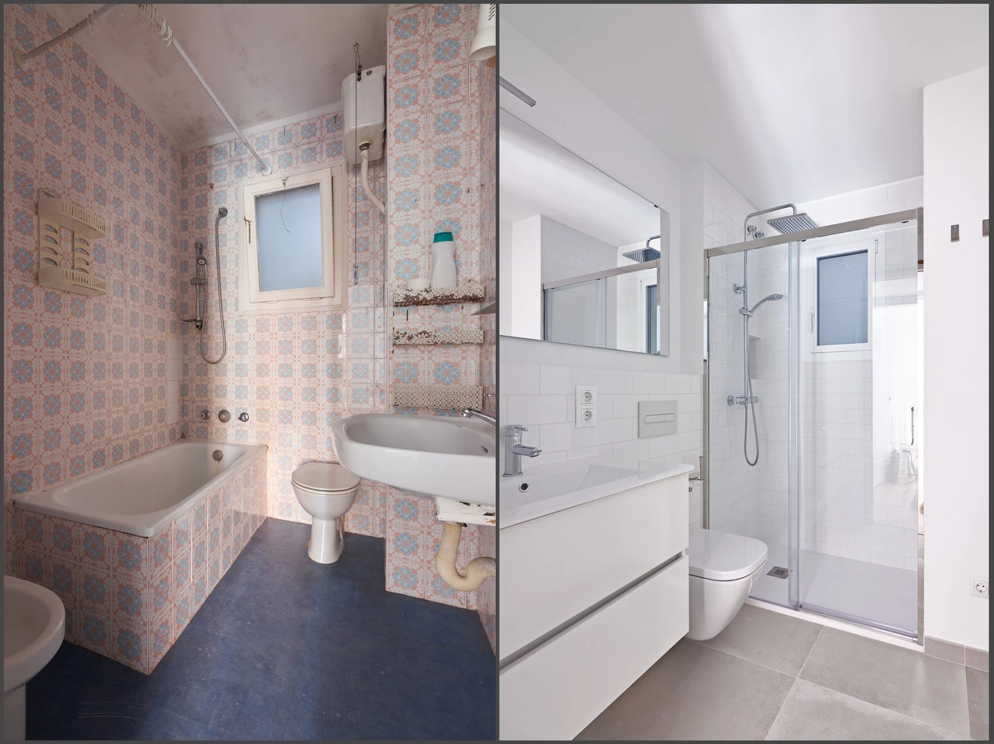 A bathroom before and after it has been renovated with new white wall tiles and grey floor tiles.