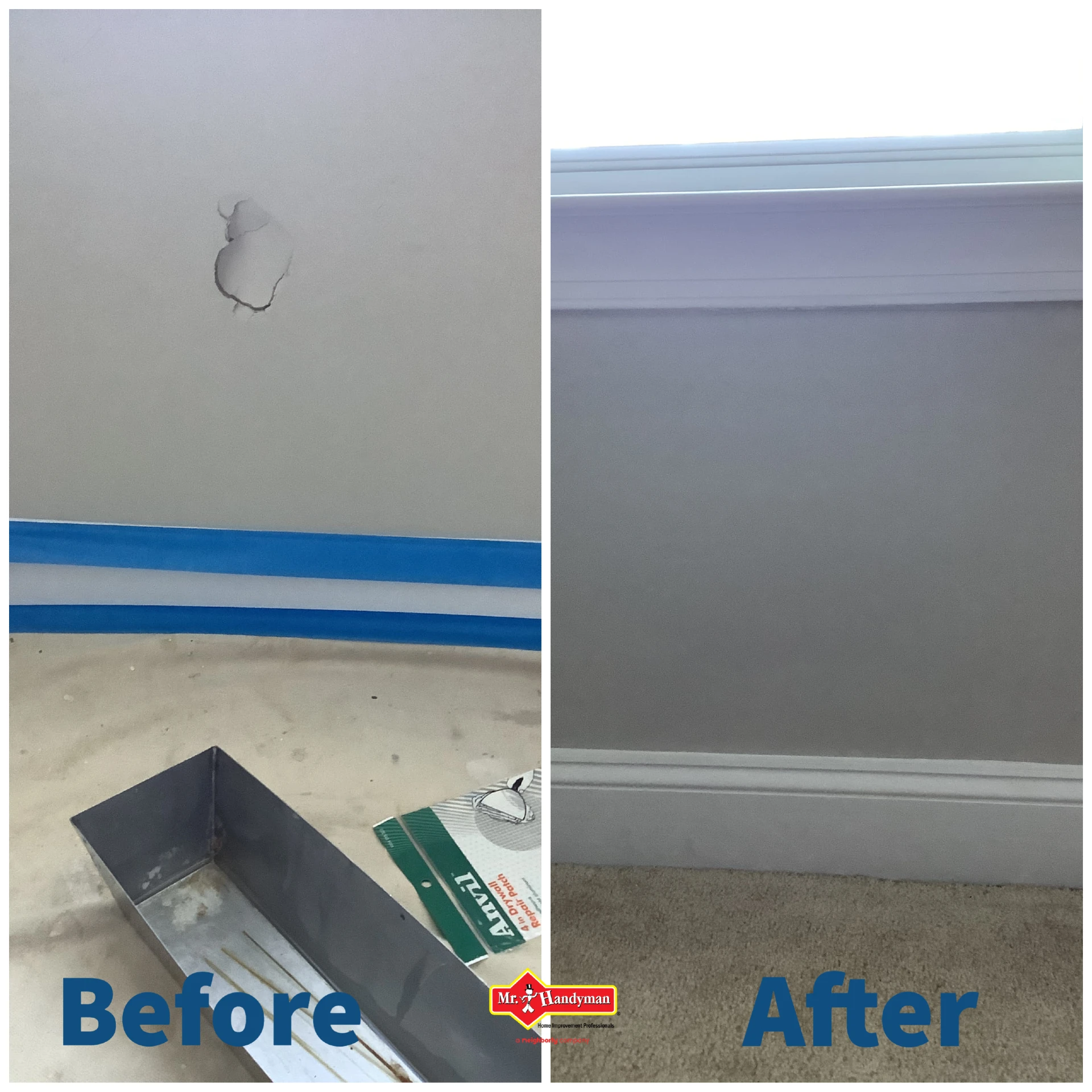  A hole in a wall before and after it has been fixed and repainted by Mr. Handyman.