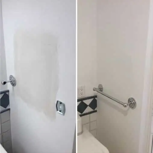 A wall in a residential bathroom before and after the drywall behind a towel rack has been repaired and refinished.