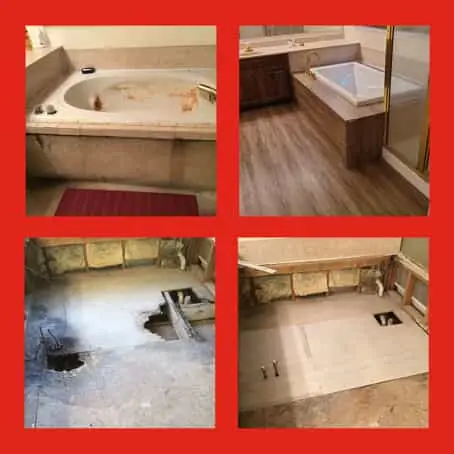 Multiple stages of a bathroom remodeling project involving the removal of a bathtub and installation of new flooring and a new enclosure for the replacement bathtub, as well as replacement of the subfloor underneath the tub.