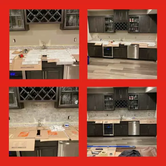 A residential kitchen before and after a new backsplash has been installed by Mr. Handyman.