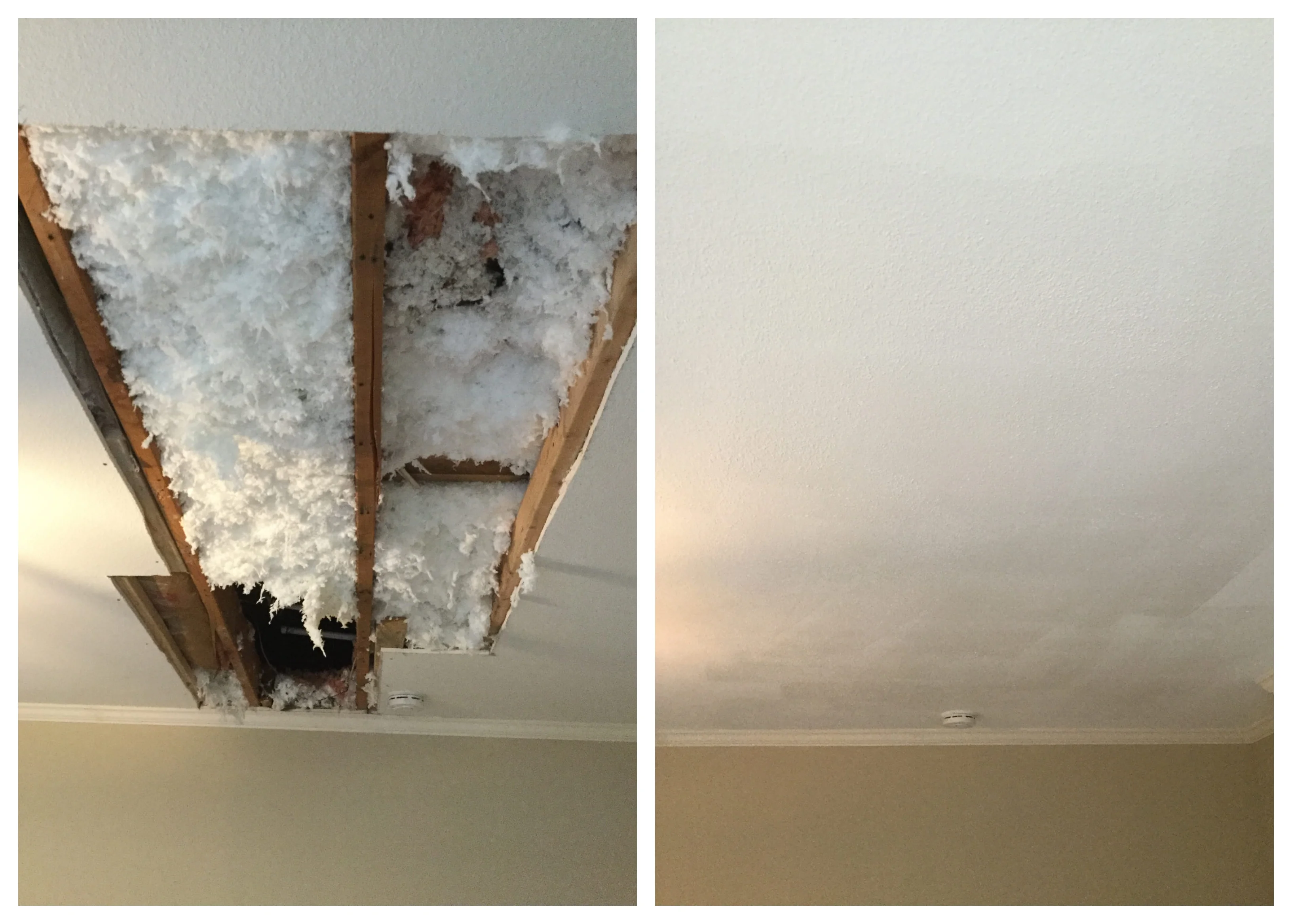 A hole in a drywall ceiling before and after it has been repaired and refinished by a handyman in Richardson, TX.