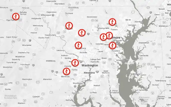 Map of Washington, DC, region showing ten Mr. Handyman locations marked by icons in red circles.