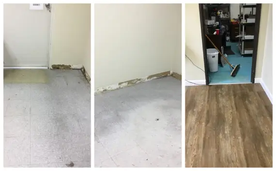 A room in a commercial building before and after old flooring has been removed and replaced with new flooring by Mr. Handyman.