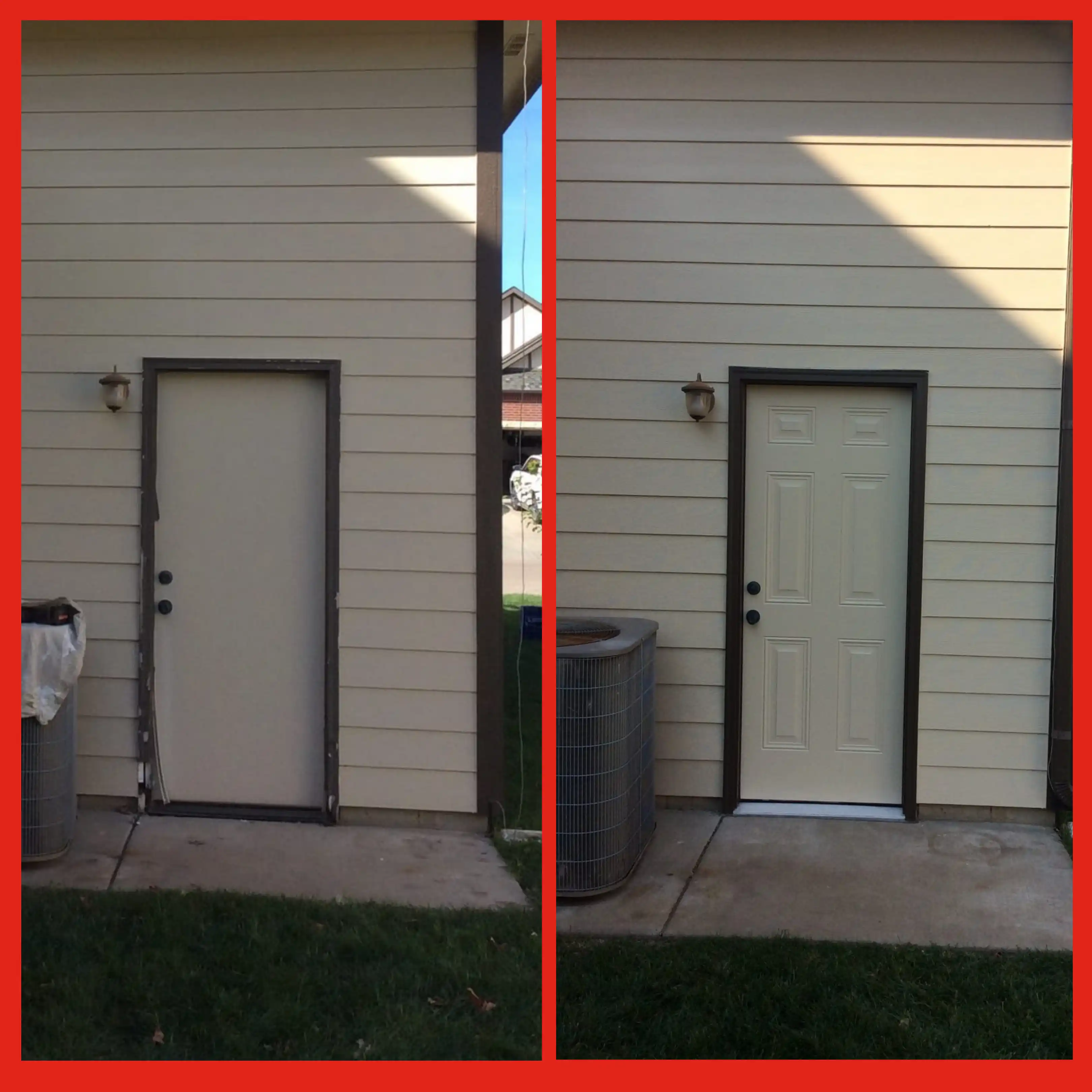 The back door of a home before and after it has been replaced, and the frame has been repaired by Mr. Handyman.