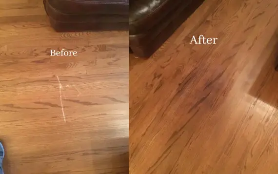 Scratched hardwood flooring before and after it has received flooring repairs from Mr. Handyman.