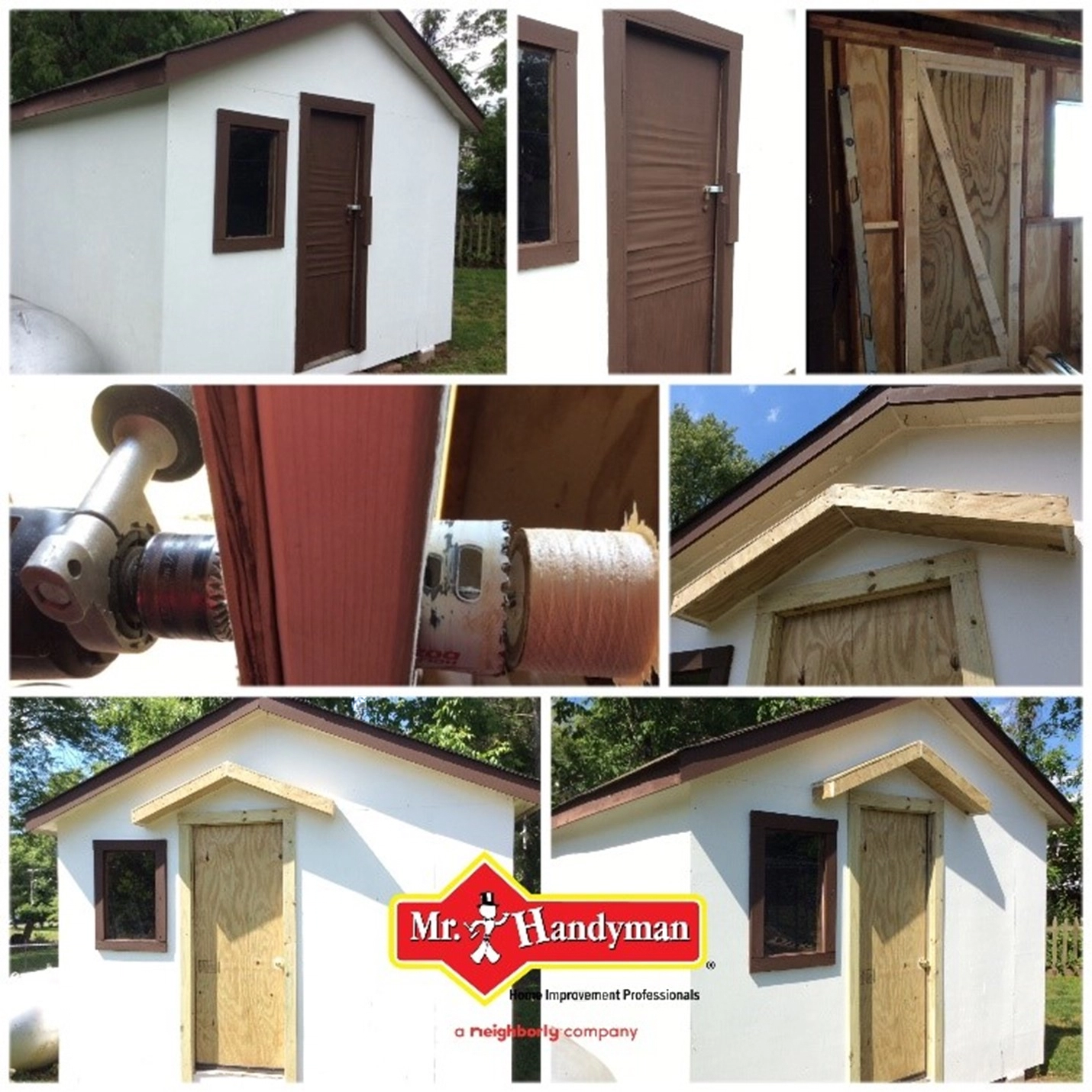 A wooden shed before, during and after installation has been completed for a new shed door.