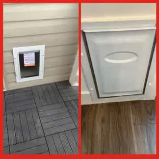 A newly installed dog door viewed from both the outside and inside of a home.