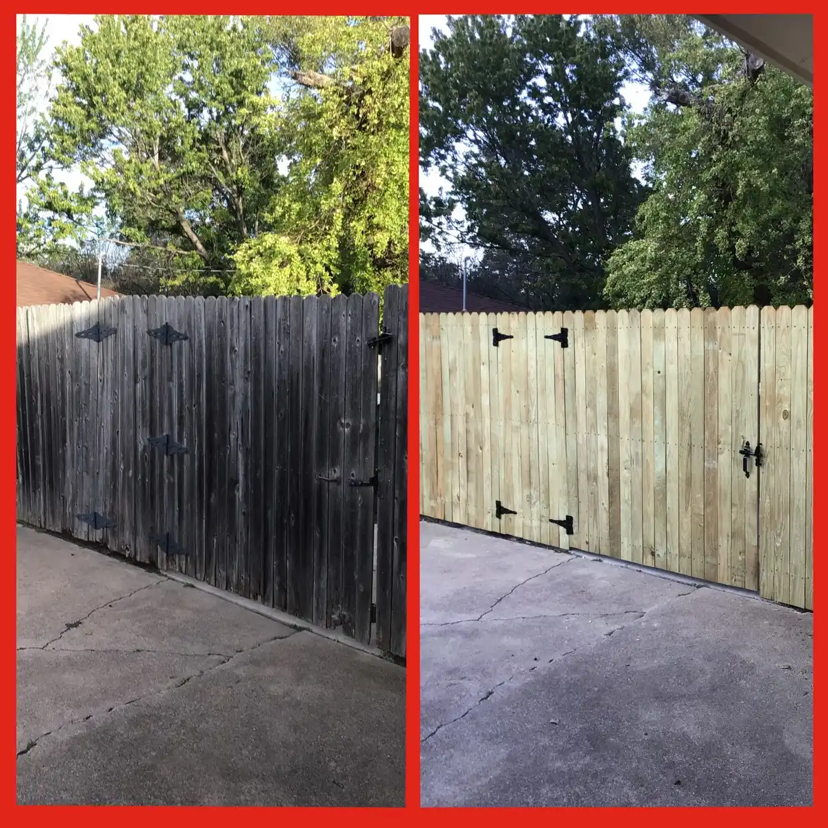 Before and after photos showcasing fence repair performed by Mr. Handyman