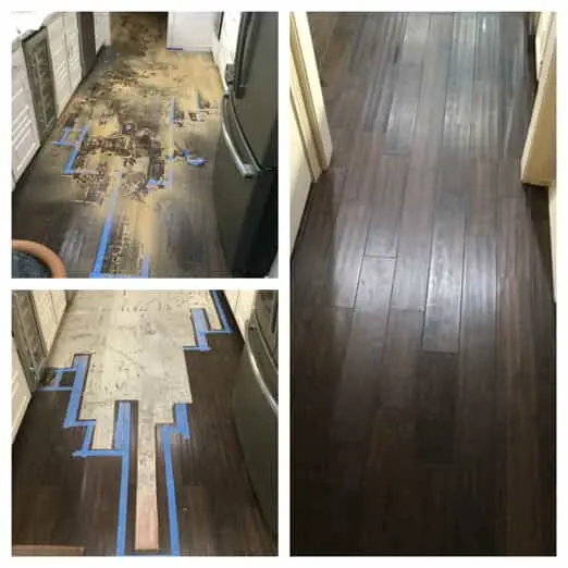 Damaged, dirty flooring before and after it has been repaired by Mr. Handyman.