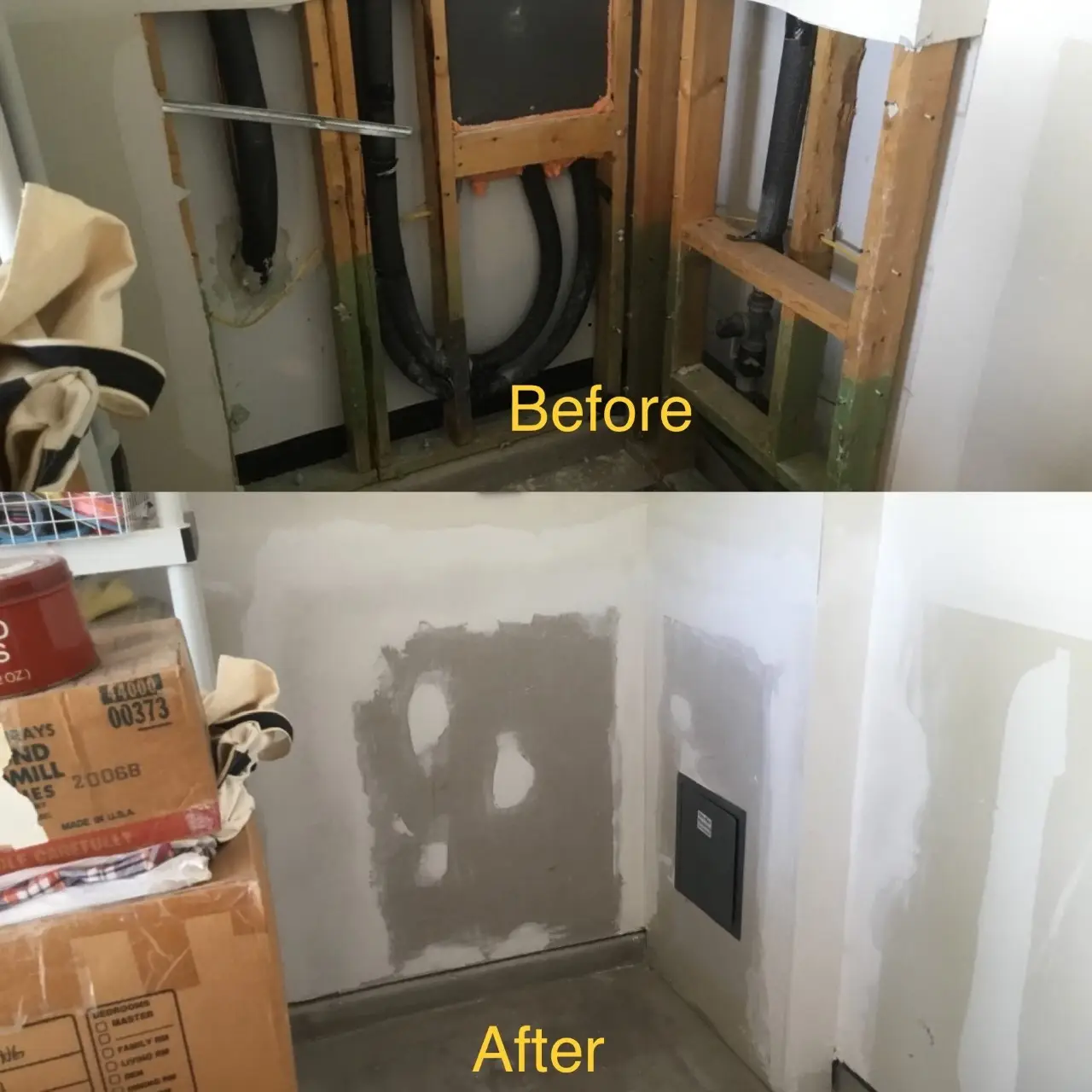 The corner section of a wall in a home before and after drywall has been installed along with a metal access panel by Mr. Handyman.