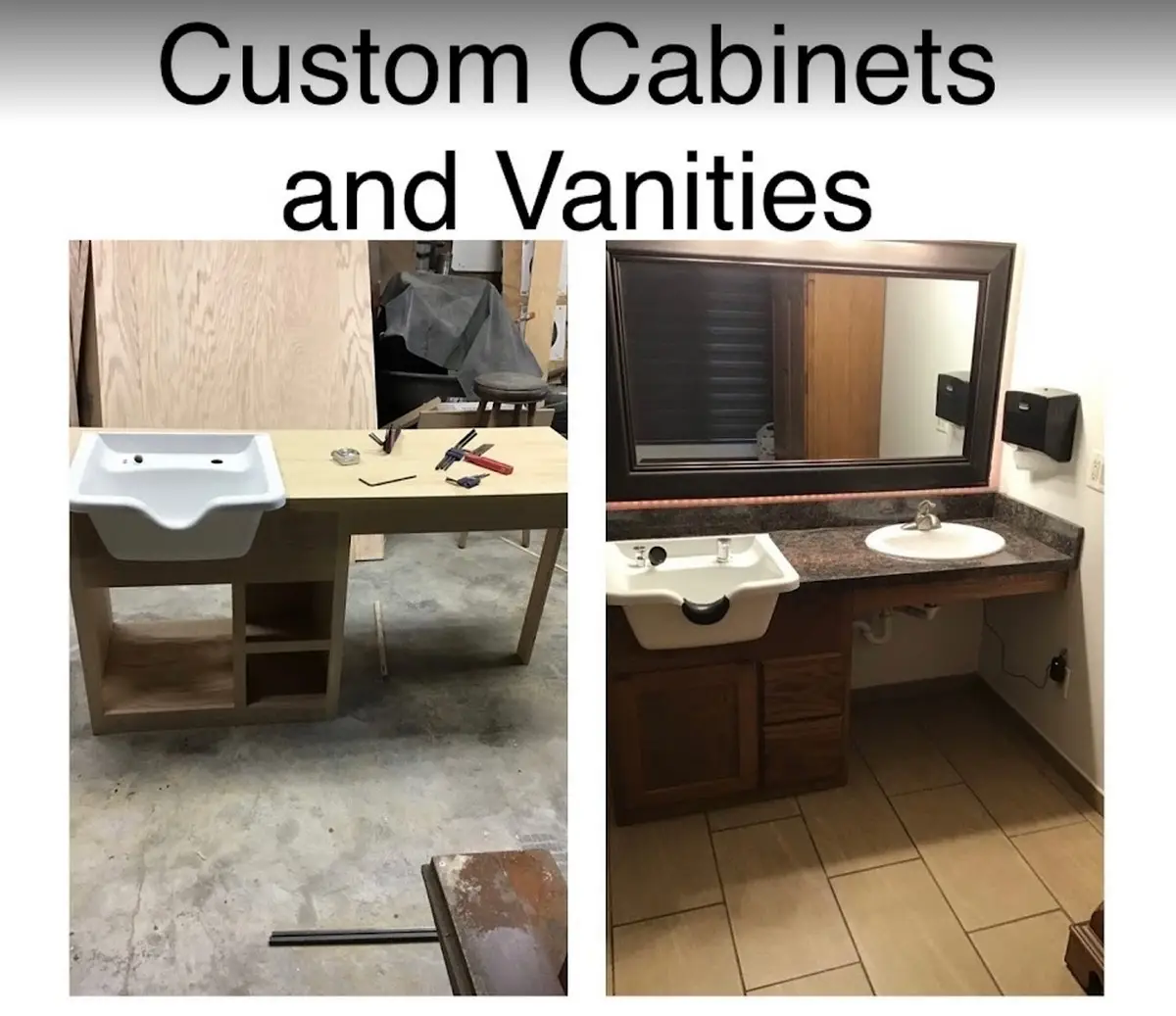 A custom vanity with cabinets being built in a workshop before being installed in a bathroom by Mr. Handyman.