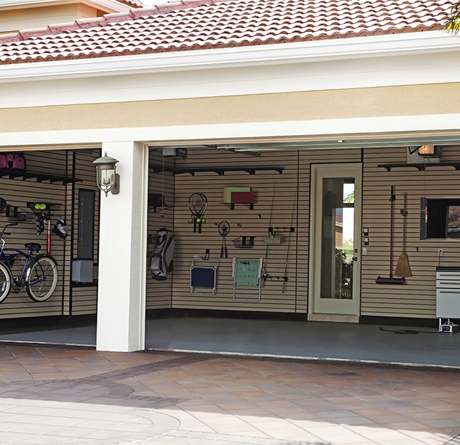 Looking into a garage seeing storage solutions.