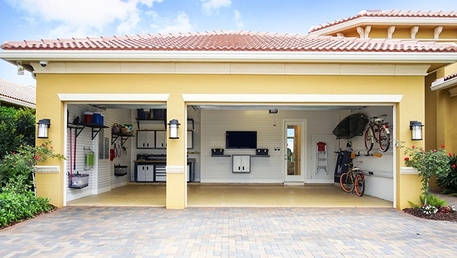 Looking into a neat 3 car garage.