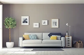Brown wall with frames behind sofa.