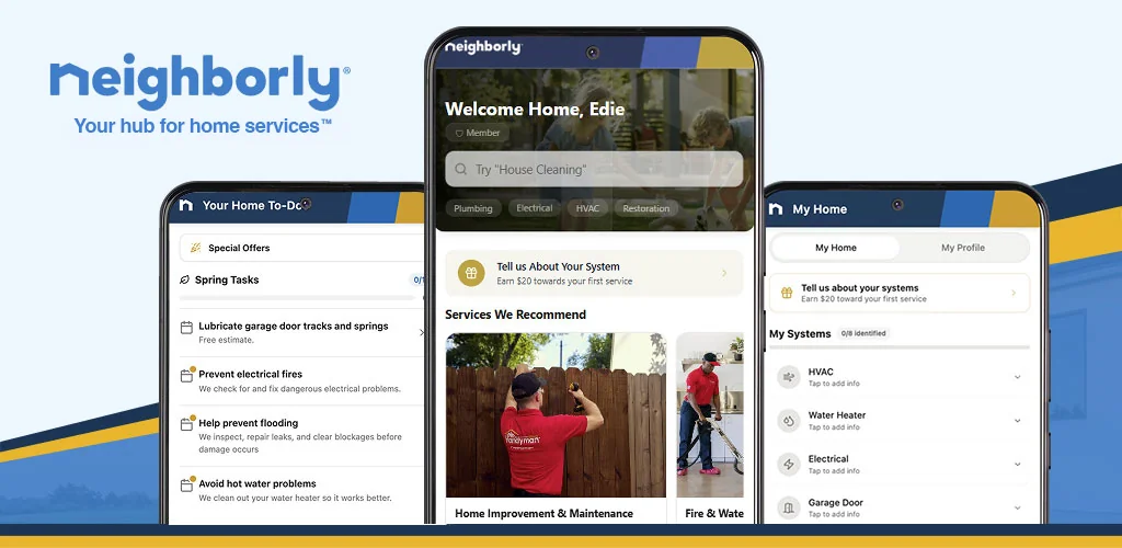 Three smartphones showing Neighborly app screens.