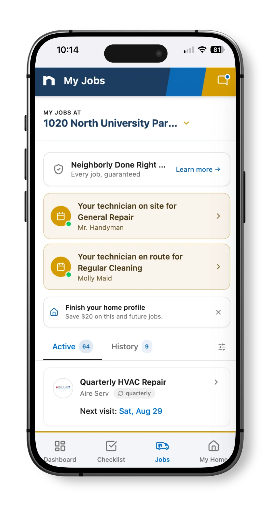 Neighborly App job progress displayed on smartphone screen.