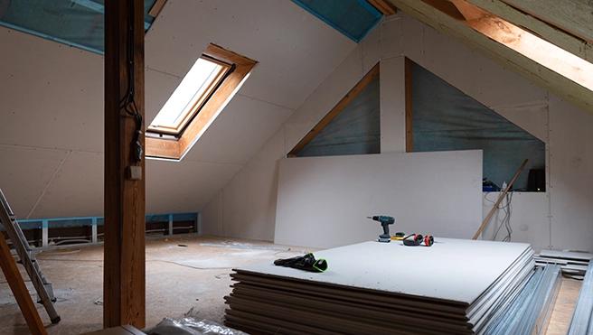 A picture of a converted attic in the process of being drywalled.