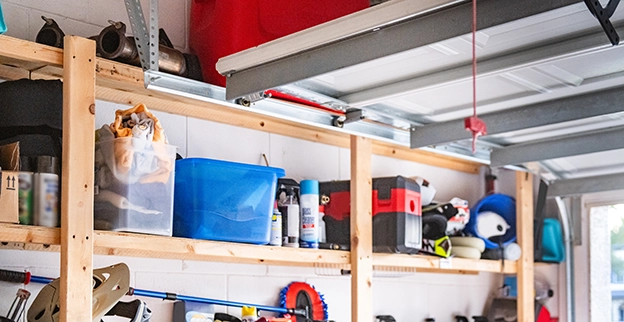 A picture of newly built garage shelving.