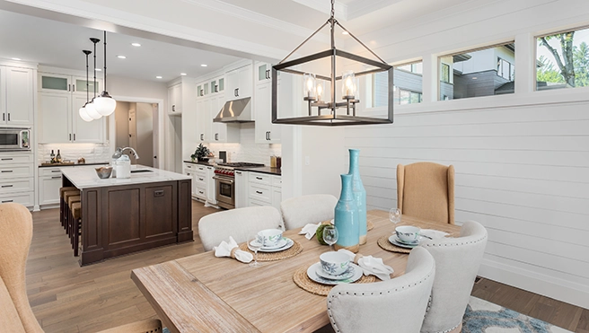 Kitchen with a central dining table.
