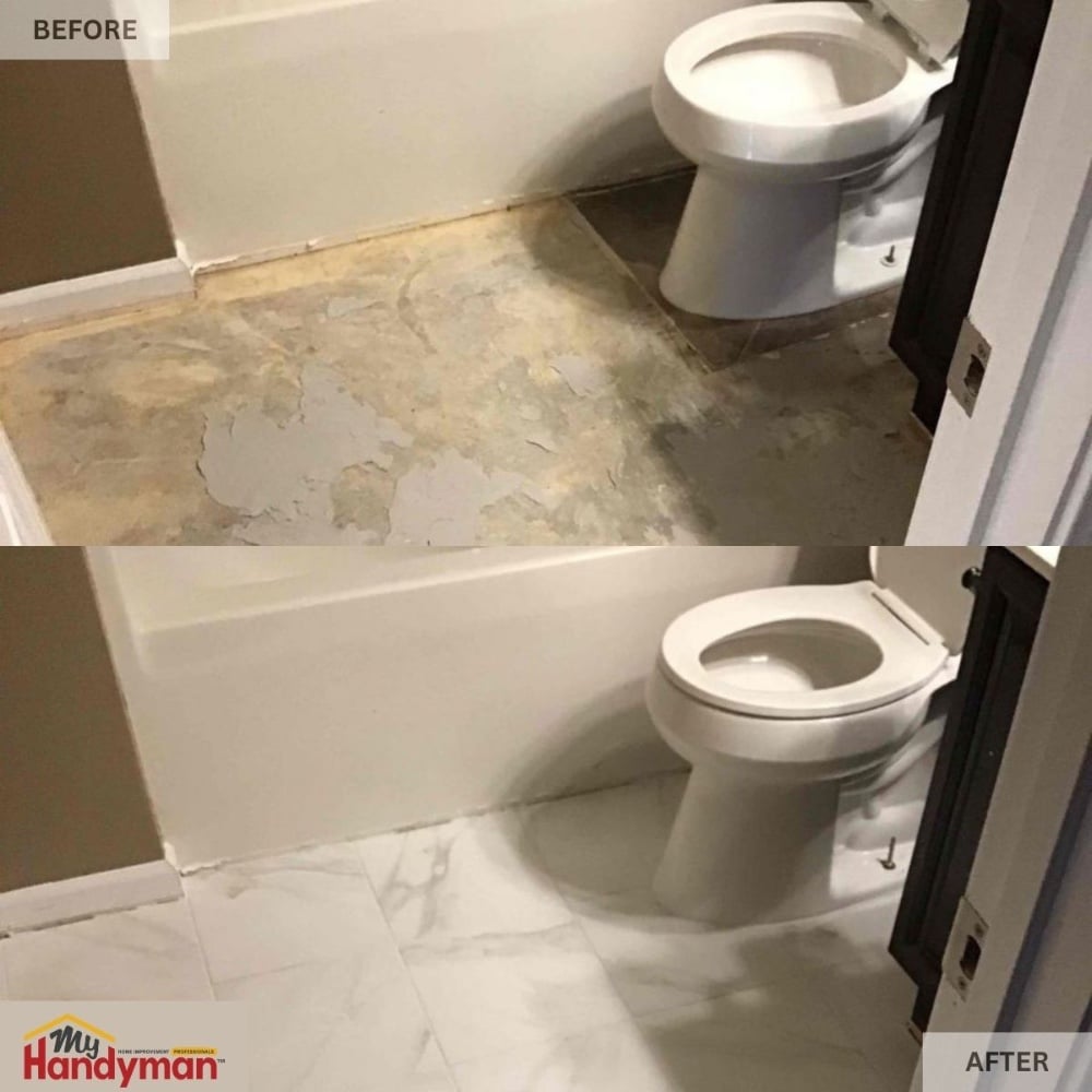 Before-and-after bathroom flooring upgrade showing old worn floor replaced with new bright tile installation by My Handyman of Ann Arbor, Saline, and Chelsea.