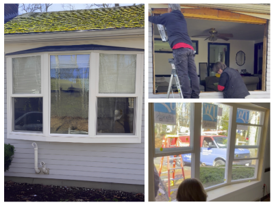 Collage showing a bay window installation with exterior and interior views of the process.