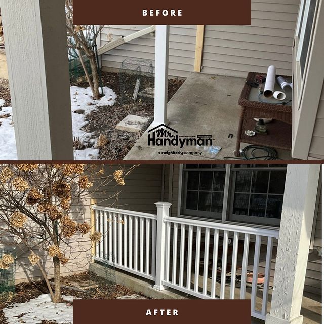 Before and after a white patio railing was installed