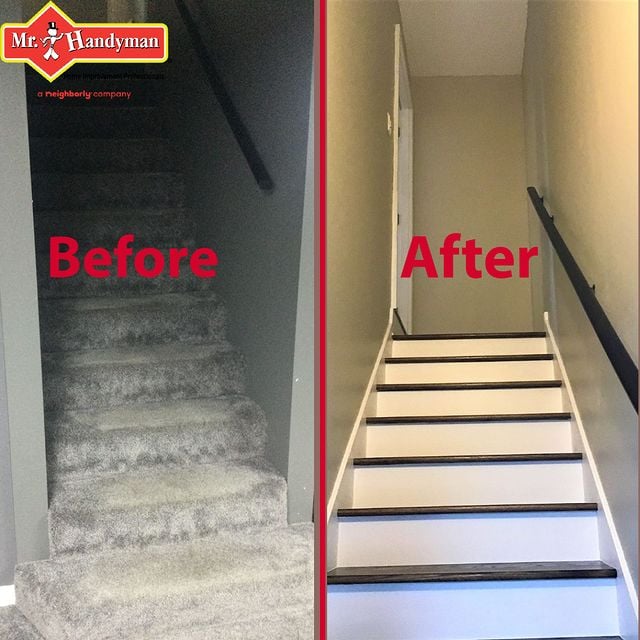 Before and after of carpet staircase to wood staircase